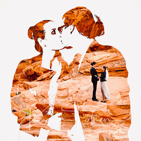 Double Exposure of high key portrait and elopement landscape